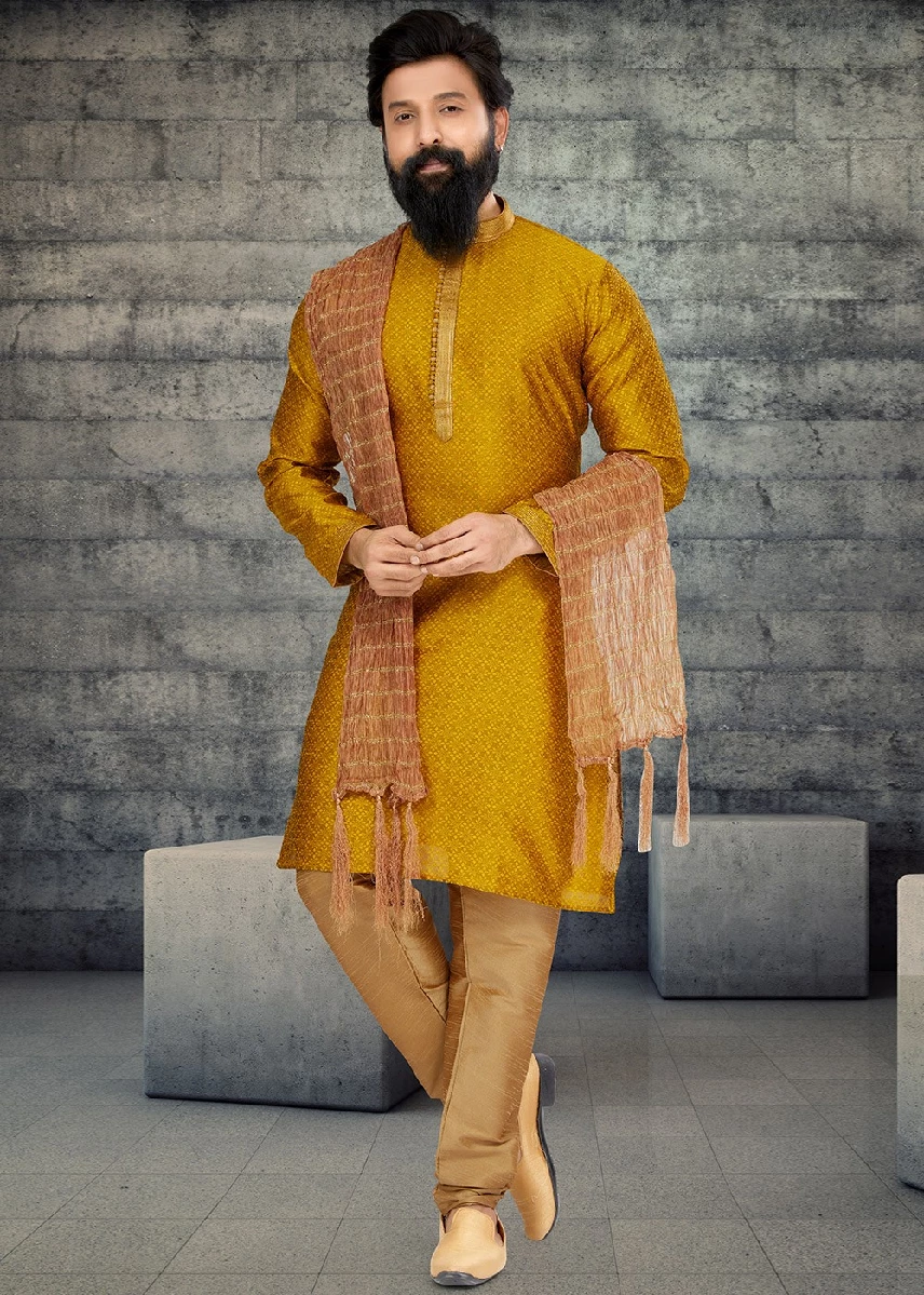 Yellow Mens Jacquard Kurta Pajama, 36-1.webp